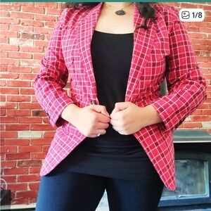 🦋 VINTAGE 90s Cherry Red Plaid Academia Pockets Lizsport Blazer M